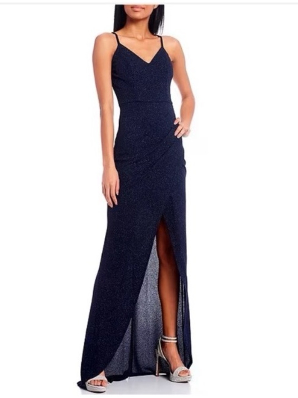 Midnight Doll  Glitter Wrap Jewel Back Long Dress Women 1 Navy